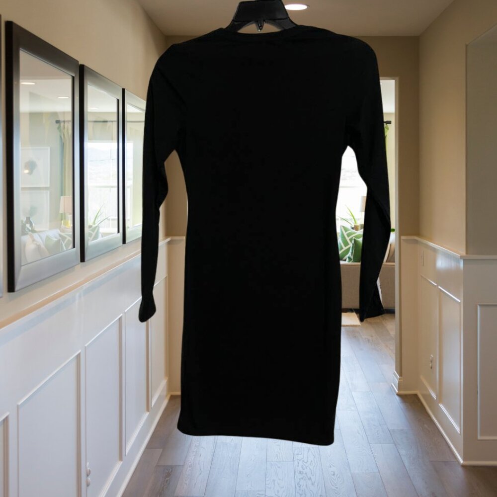 Bebe Black Logo Tape Sleeve Bodycon Dress Size Small Stretch Long Sleeve Y2 - Picture 3 of 11